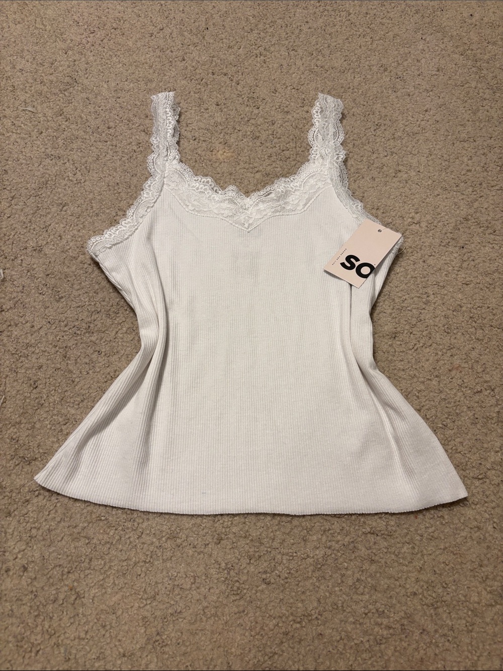 SO White Ribbed Lace-Trim Cami